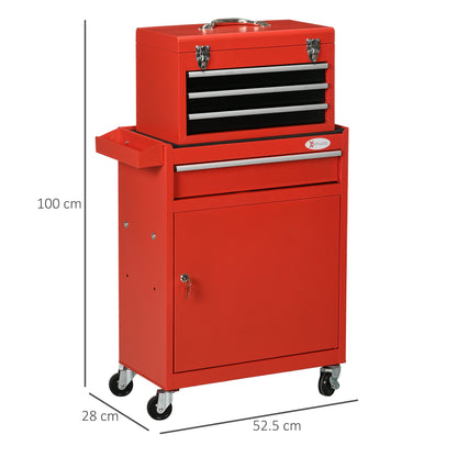 2-in-1 Tool Cart with Removable Toolbox and Lockable Steel Cabinet, Red