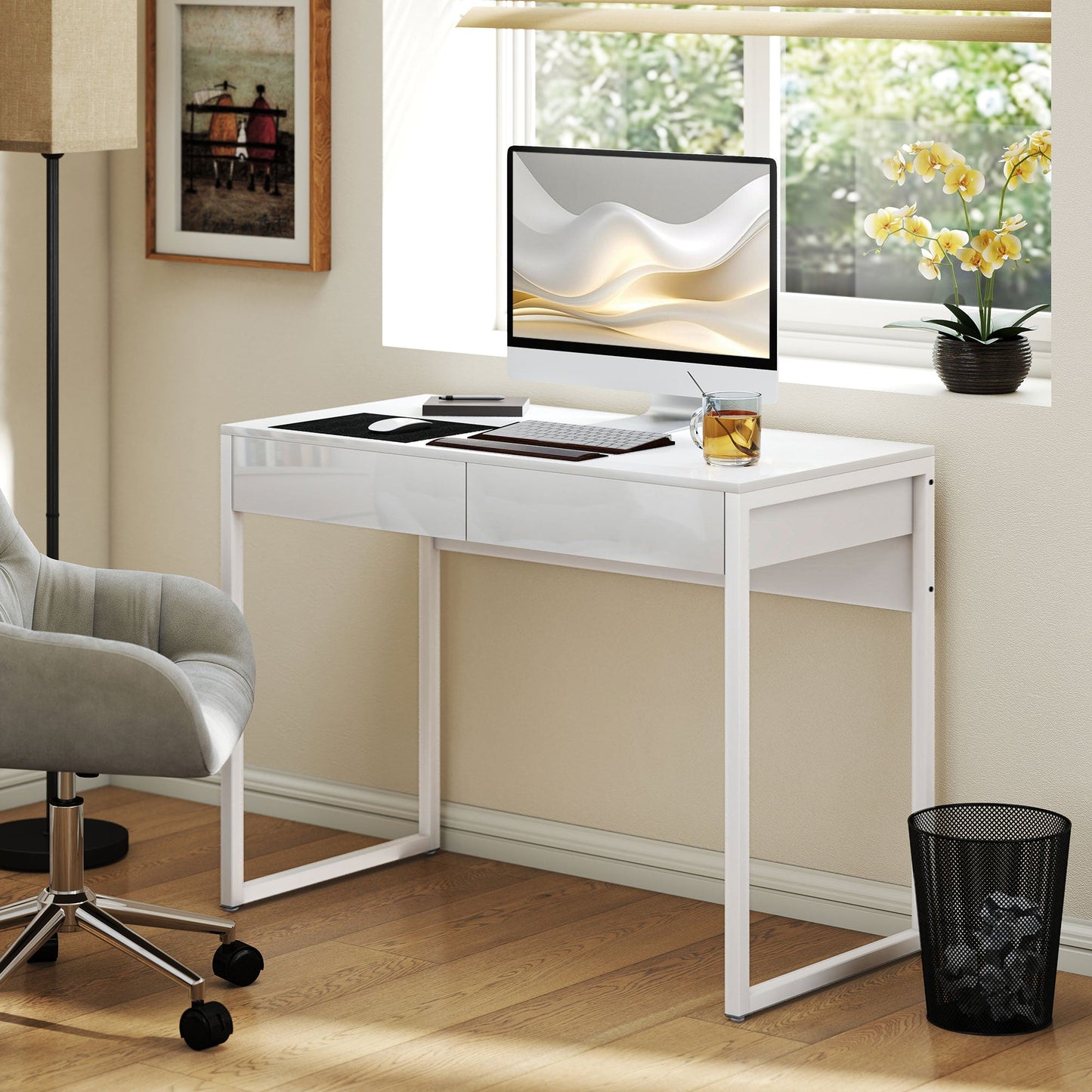 Modern Desk with 2 Drawers and Steel Legs, 100x50x75 cm, Gloss White