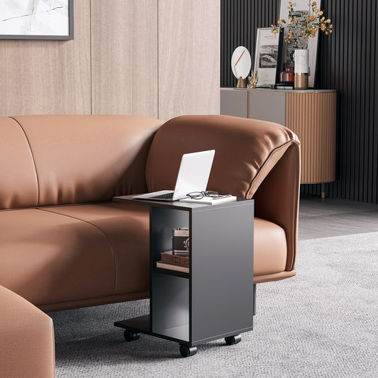 C-Shaped Coffee Table with 2 Open Shelves and 4 Swivel Wheels, 45x35x58 cm, Black