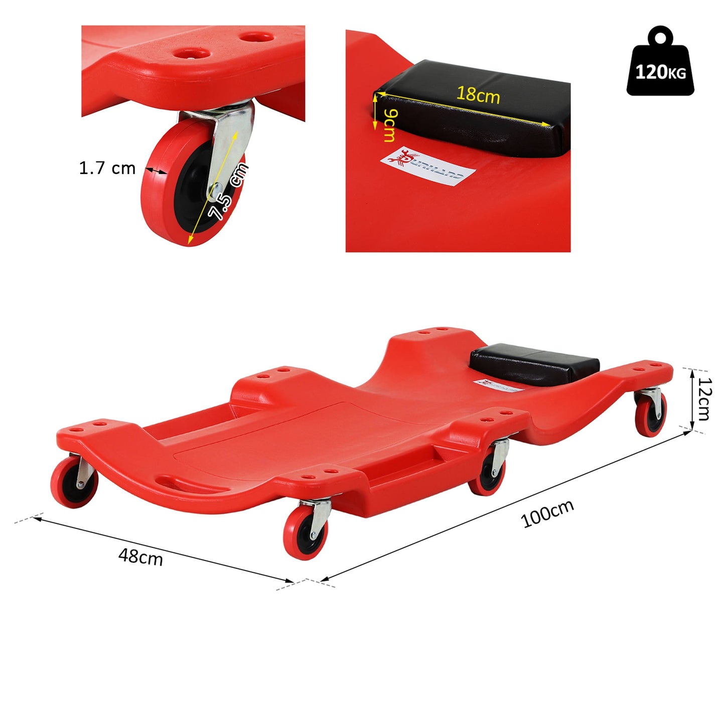 Mechanic's Trolley with Padded Headrest and 2 Side Trays in Red Plastic, 100x48x12 cm