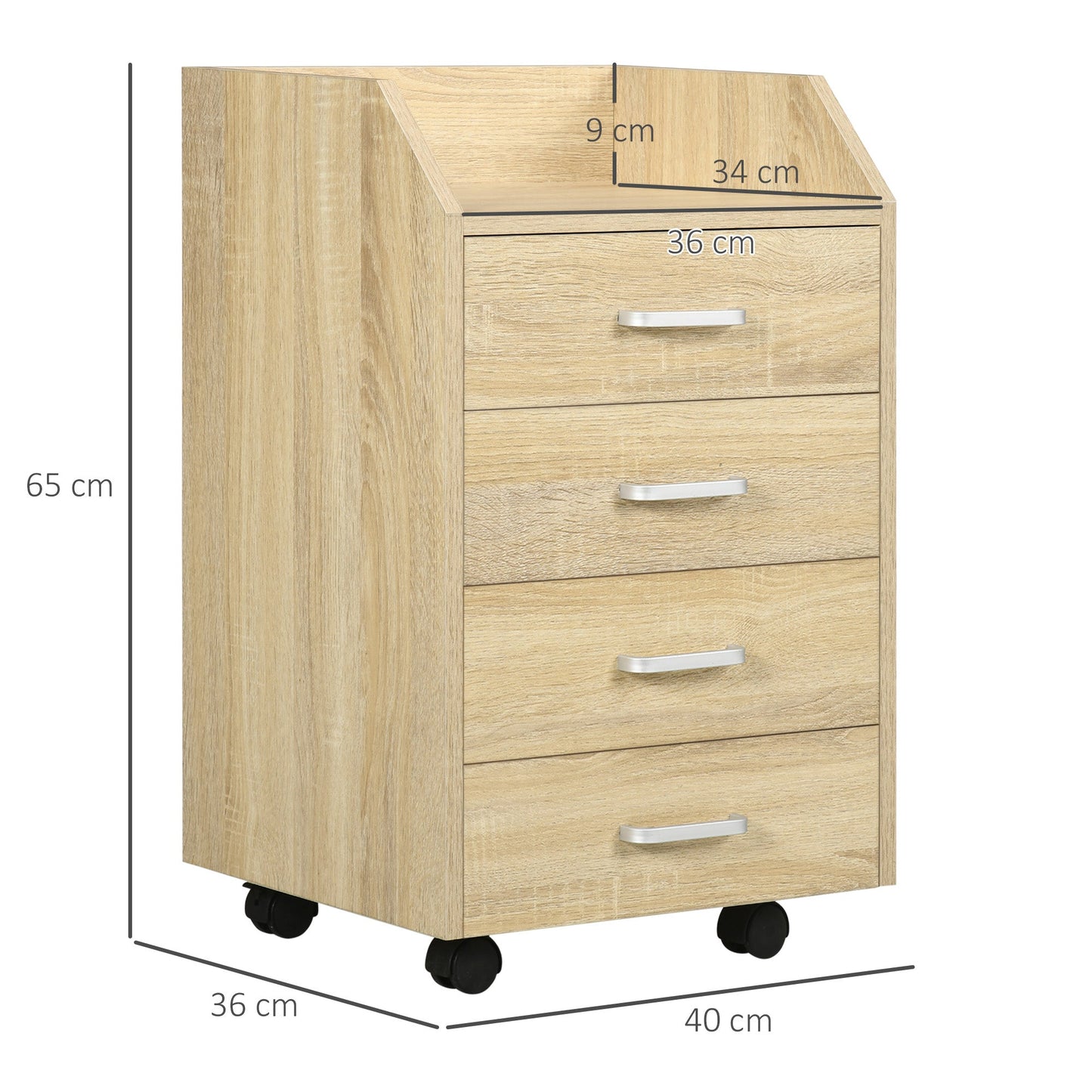 Wooden Office Chest with 4 Drawers, Wheels and Raised Edges, 40x36x65cm, Natural Wood