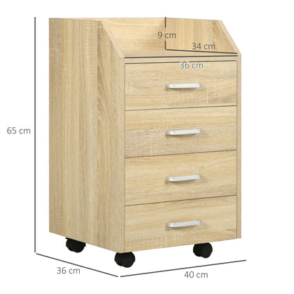 Wooden Office Chest with 4 Drawers, Wheels and Raised Edges, 40x36x65cm, Natural Wood