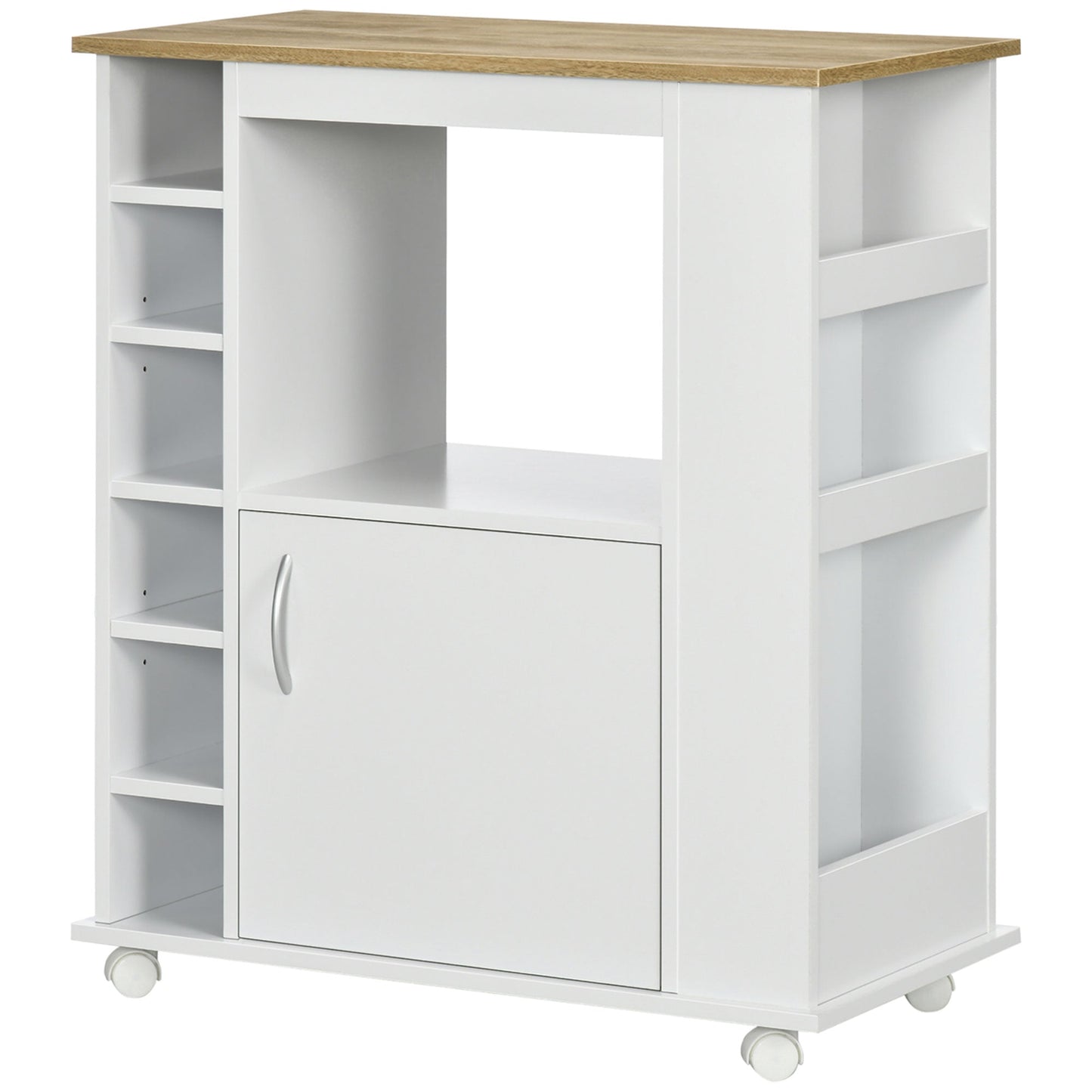 Kitchen Trolley with Cabinet and Adjustable Shelves, Swivel Wheels and Brake, 75x39.5x88 cm, White