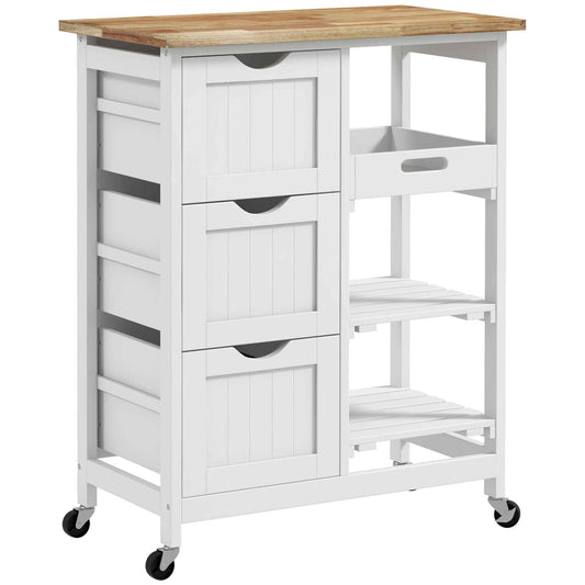 Wooden Kitchen Cart with 3 Drawers and 3 Open Shelves, 67x37x85.5 cm, White