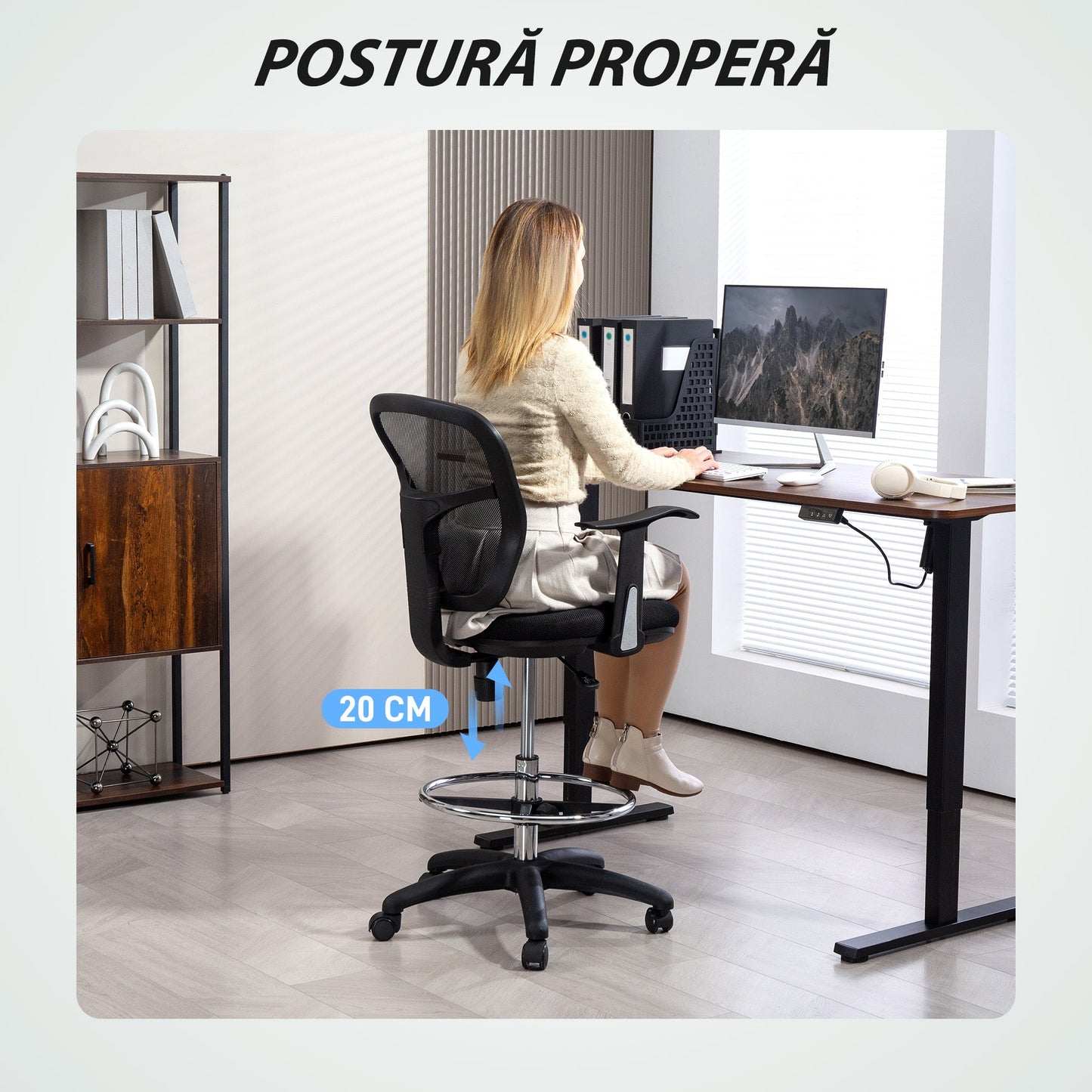 Swivel Chair with Footrest Ring and Curved Backrest, in Polyester, Foam and Plastic, 55x58x94 cm, Black