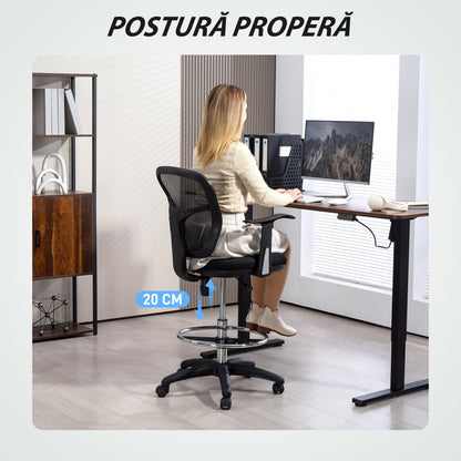 Swivel Chair with Footrest Ring and Curved Backrest, in Polyester, Foam and Plastic, 55x58x94 cm, Black