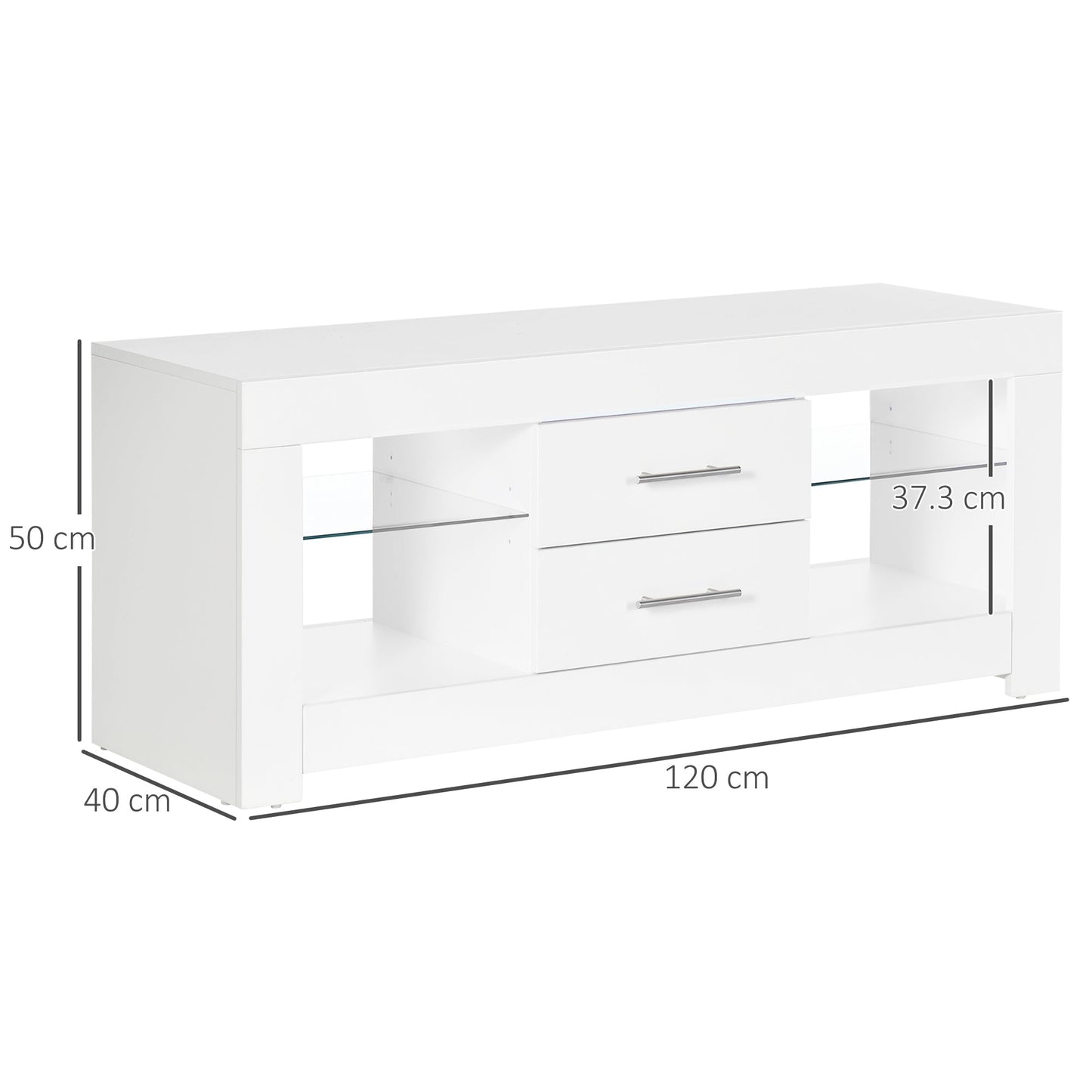 55" TV Stand with 12 Color LED Lights and Remote Control, Wood and Glass 120x40x50cm, White
