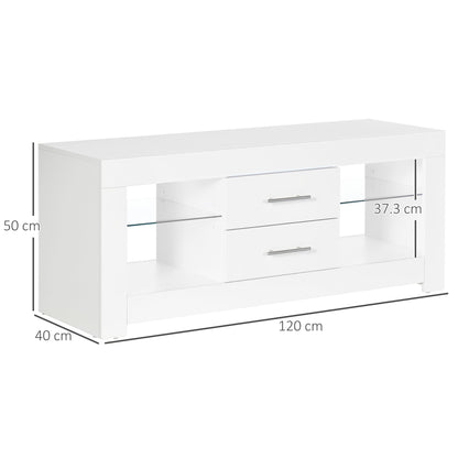 55" TV Stand with 12 Color LED Lights and Remote Control, Wood and Glass 120x40x50cm, White