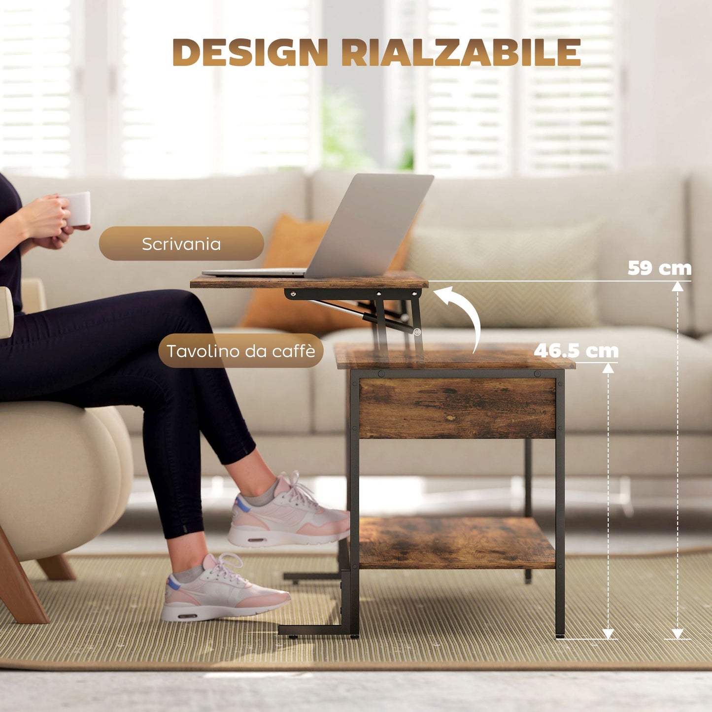 Industrial Style Lift-Up Coffee Table with Hidden Storage and Bottom Shelf, Brown