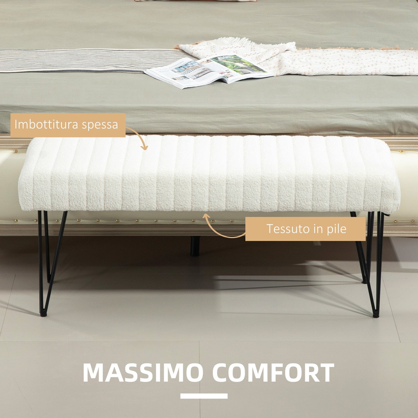 Modern Bedside Bench with Hairpin Legs, in Chenille Effect Fabric, Wood and Metal, 118.5x46x49.5 cm, Cream