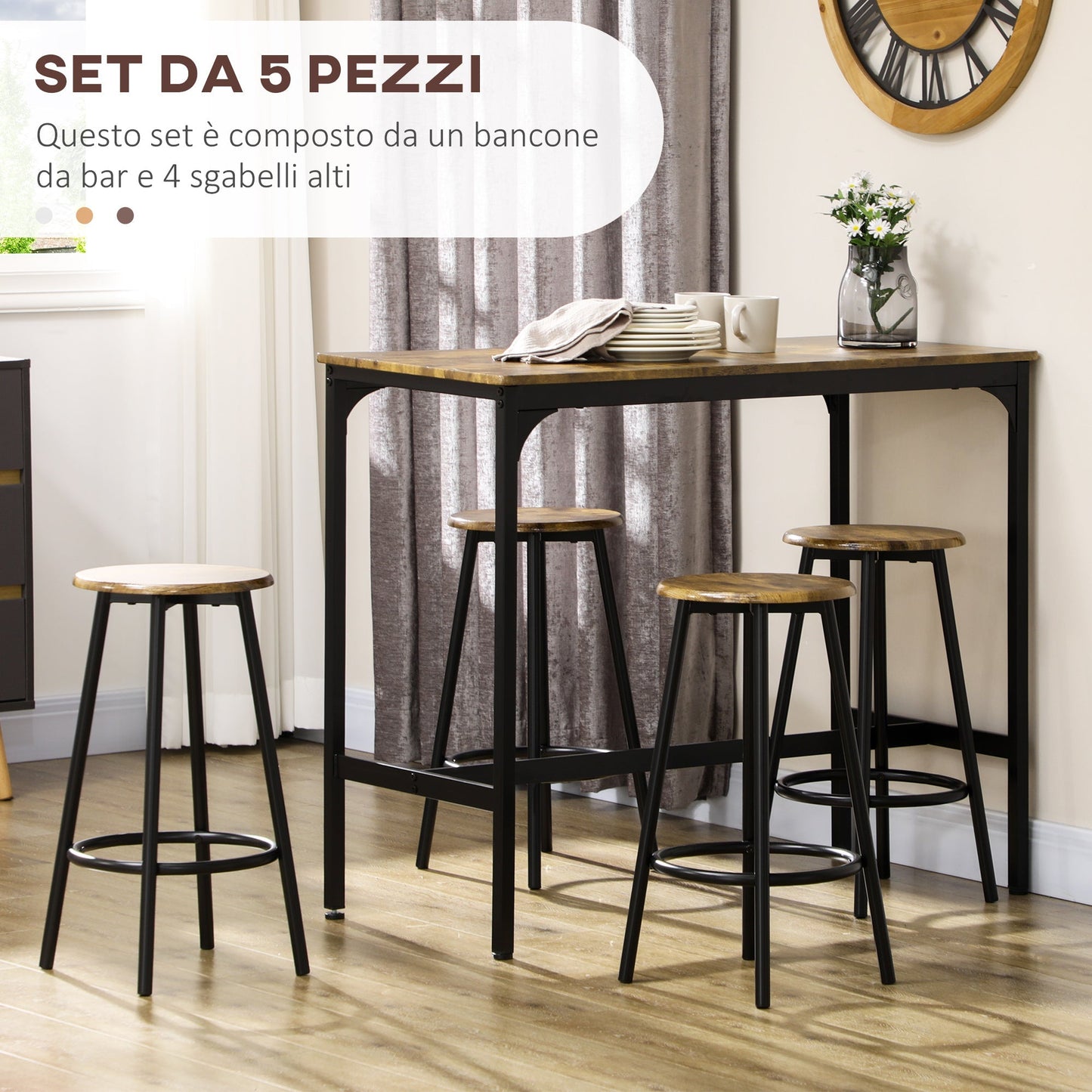 Set of 5 Piece Bar Set with High Table and 4 Industrial Style Stools, Brown and Black