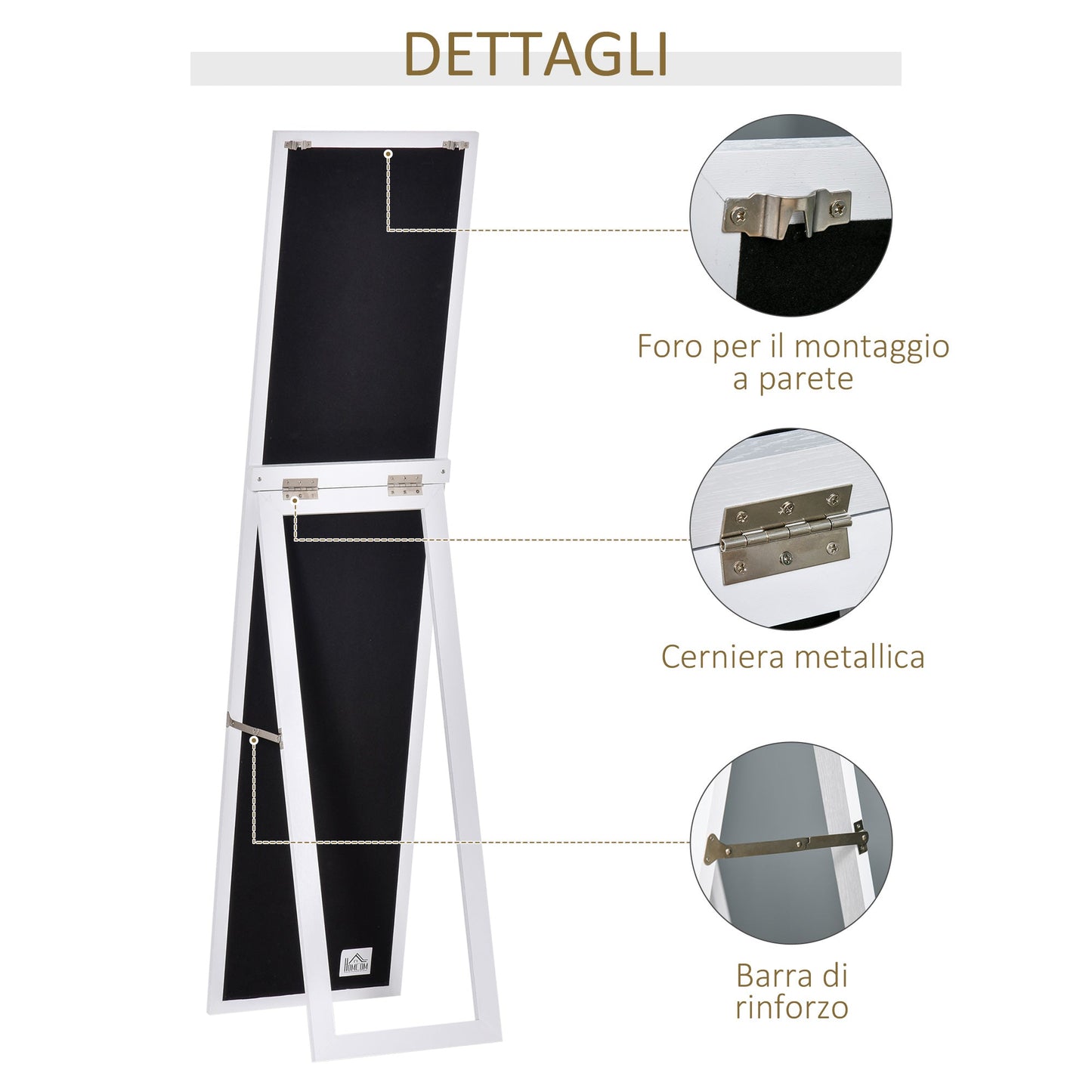 Full Length Mirror with Folding Stand and Mounting Holes, Wood and Glass, 37x37x154 cm, White