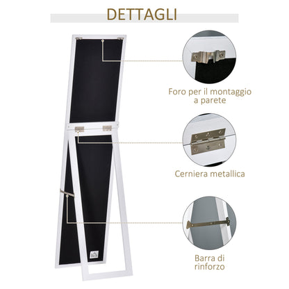 Full Length Mirror with Folding Stand and Mounting Holes, Wood and Glass, 37x37x154 cm, White