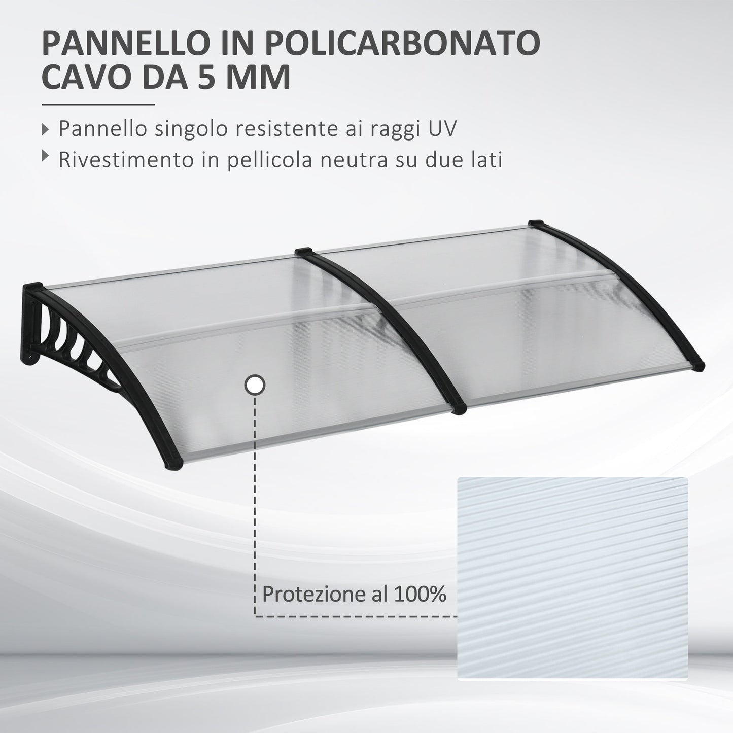 Outdoor Canopy for Windows and Doors in Polycarbonate and Aluminum, 200x100x26cm, Transparent