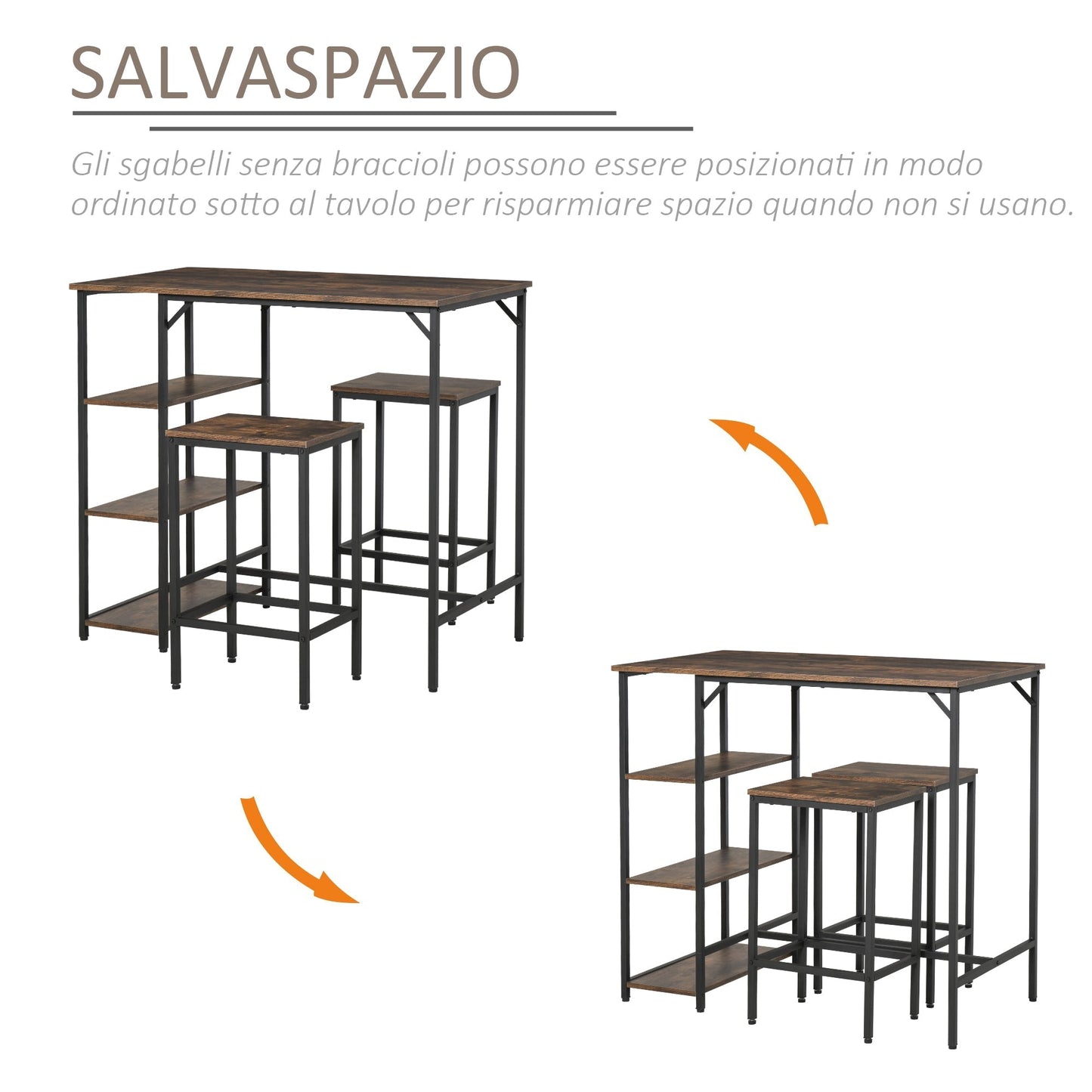 Industrial Style High Table Set with 2 Stools and Shelf in Metal and Wood, Modern Bar and Kitchen Furniture, Rustic Brown