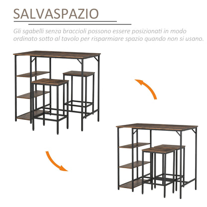 Industrial Style High Table Set with 2 Stools and Shelf in Metal and Wood, Modern Bar and Kitchen Furniture, Rustic Brown