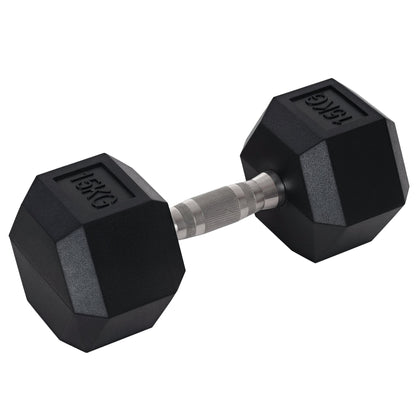 15 kg Hexagonal Dumbbell with Non-Slip Grip, Steel and Rubber, Ø15.5 x 33.6 cm, Black