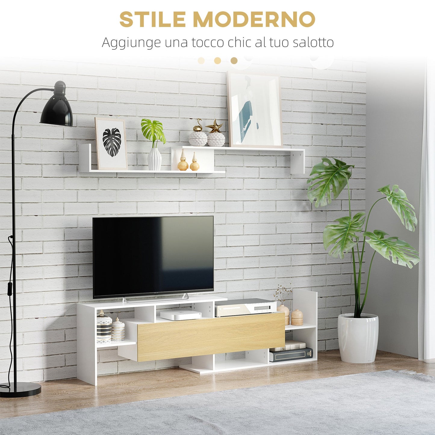 TV Cabinet with Wall Shelf, Open Shelves and Wooden Cabinet, White and Natural Wood
