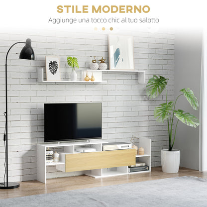 TV Cabinet with Wall Shelf, Open Shelves and Wooden Cabinet, White and Natural Wood