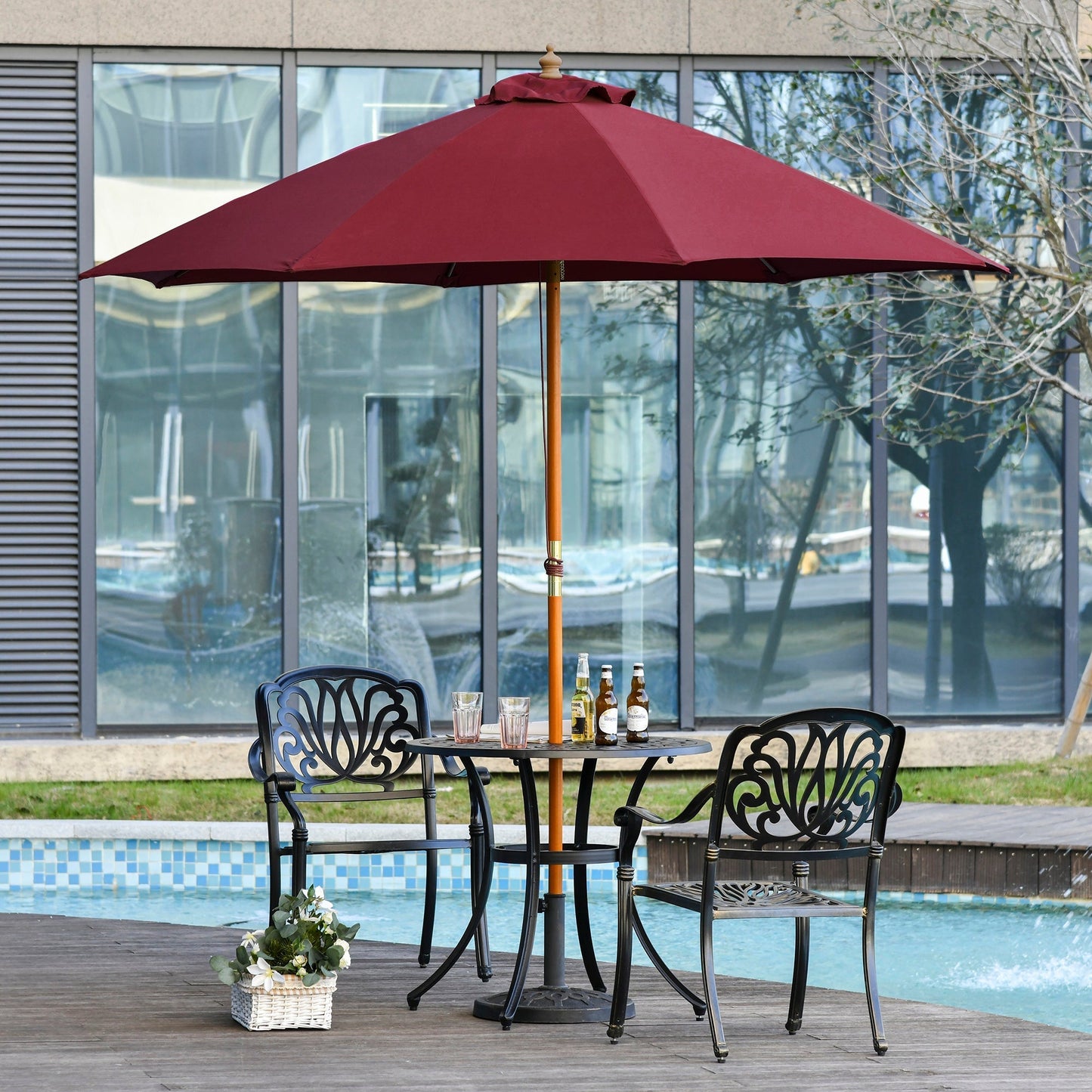 2.5x2.5m Garden Umbrella with Red Polyester Windproof Canopy and Wooden Pole