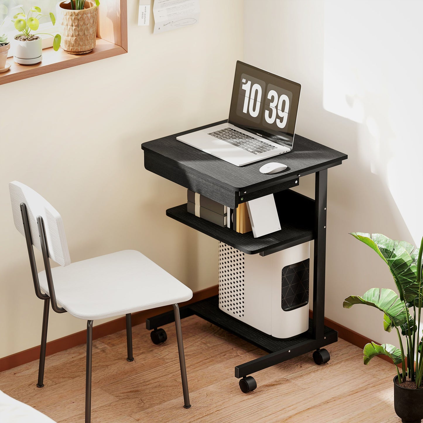 PC Desk with Sliding Drawer, 2 Shelves and 4 Wheels, in Wood and Metal, 56x51x79 cm, Black