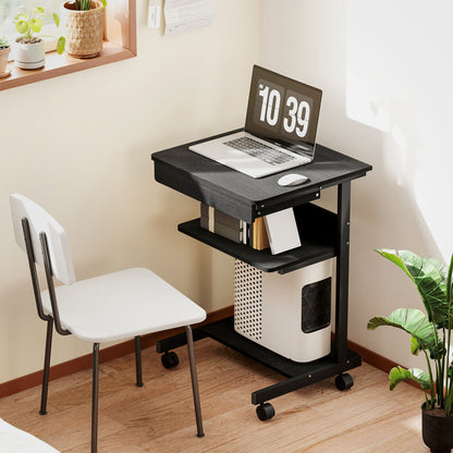 PC Desk with Sliding Drawer, 2 Shelves and 4 Wheels, in Wood and Metal, 56x51x79 cm, Black