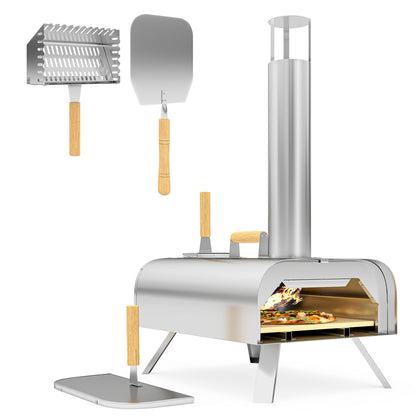 Wood Pellet Pizza Oven with Refractory Stone and Shovel, Stainless Steel, 79x36x75 cm, Silver