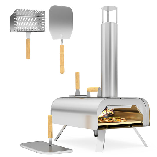 Wood Pellet Pizza Oven with Refractory Stone and Shovel, Stainless Steel, 79x36x75 cm, Silver