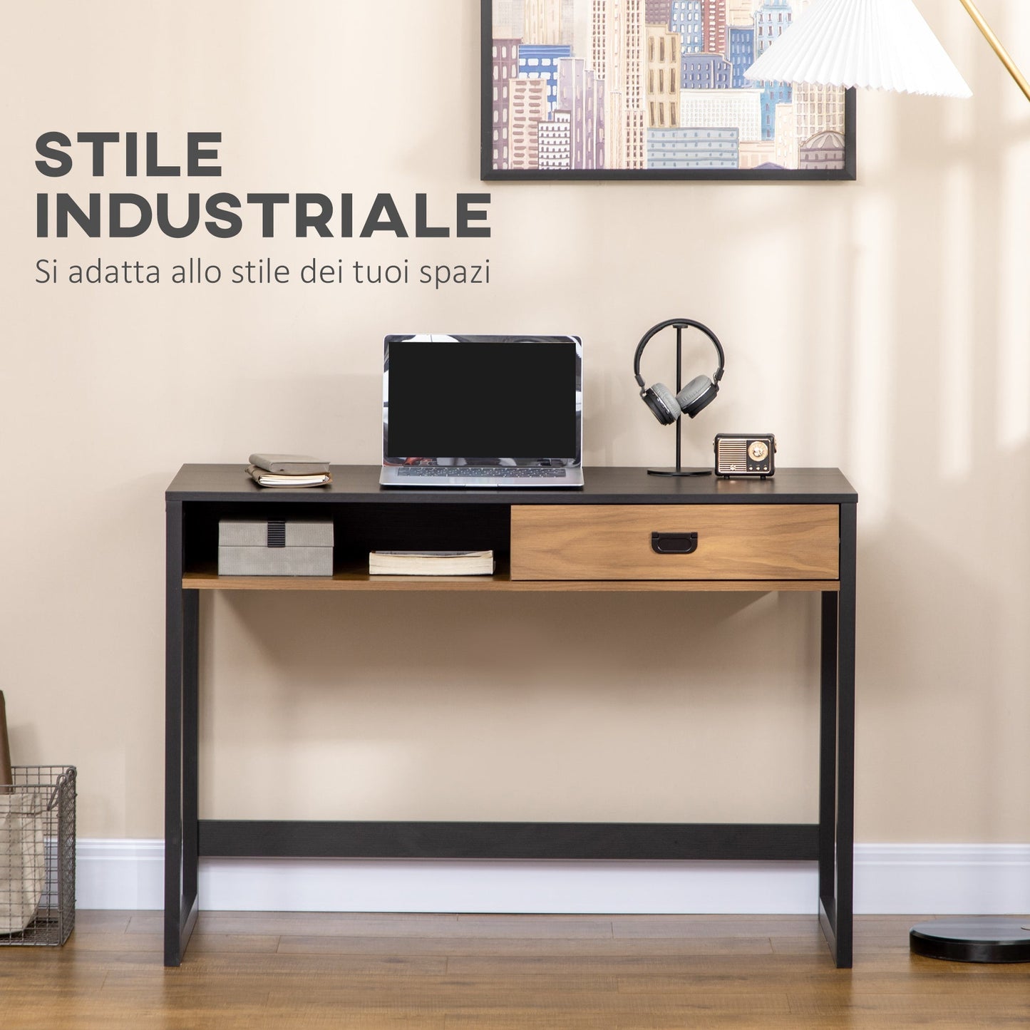 Industrial Style Bedroom and Office Desk with Drawer, 110x50x76cm, Walnut and Black