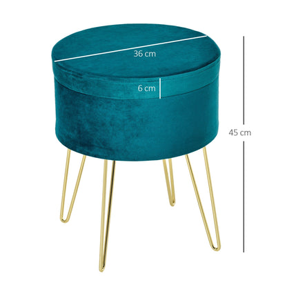 2 in 1 Storage Ottoman with Stool and Coffee Table Function, in Wood and Green Fabric, Metal with Gold Finish, 36x36x45cm