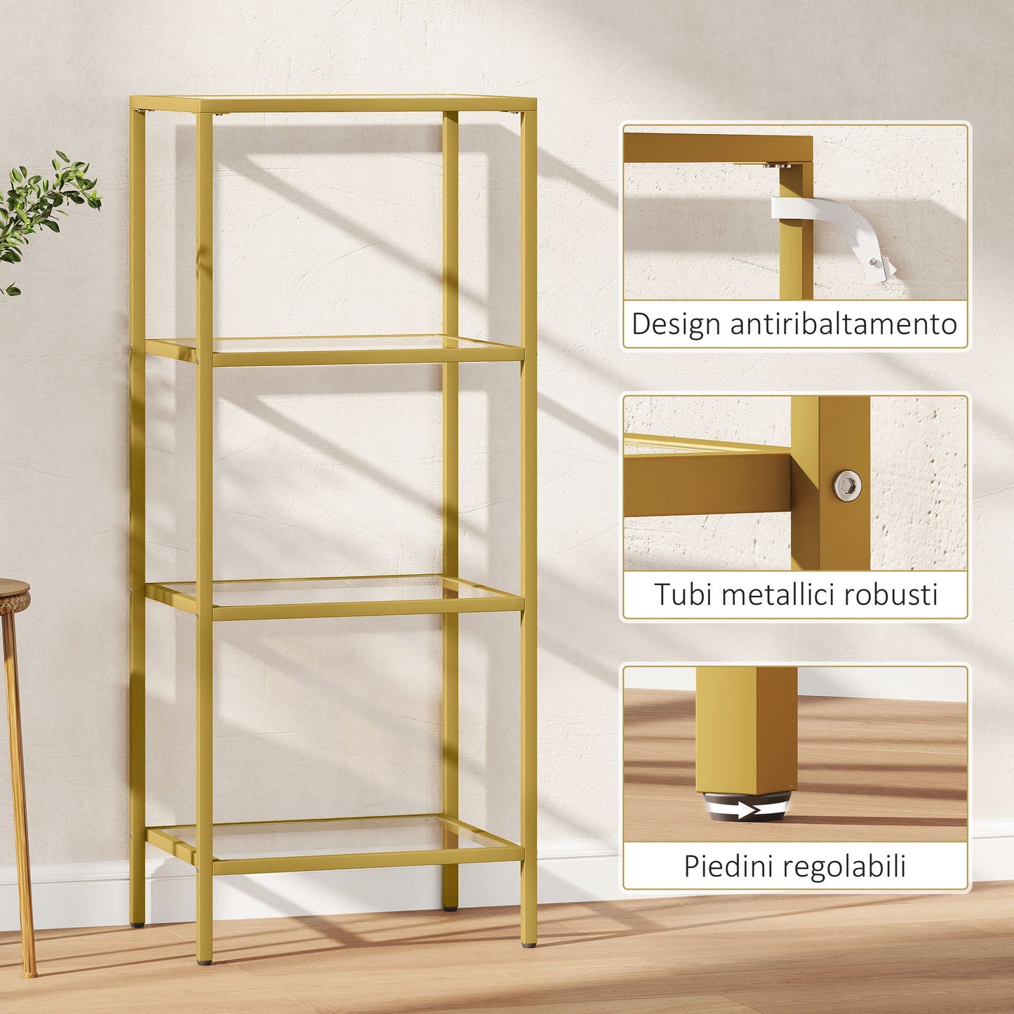 Minimalist 4-Tier Metal and Tempered Glass Shelf Unit, 40x30x96.5 cm, Gold