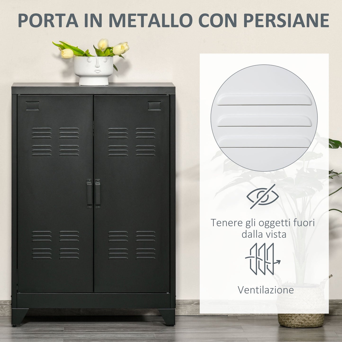 Industrial Style 2-Door Metal Storage Cabinet for Home and Garage, 75x33x110 cm, Black