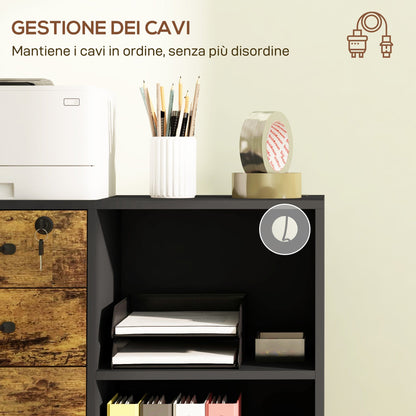 Printer Cabinet with 3 Drawers, 2 Open Shelves and Cable Hole, in MDF, 80x40x65.5 cm, Brown and Black