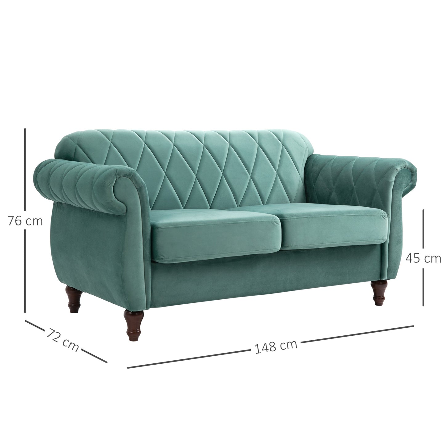 sofa 2 seats in wood rubber and green velvet Vintage design 148 x 72 x 76cm