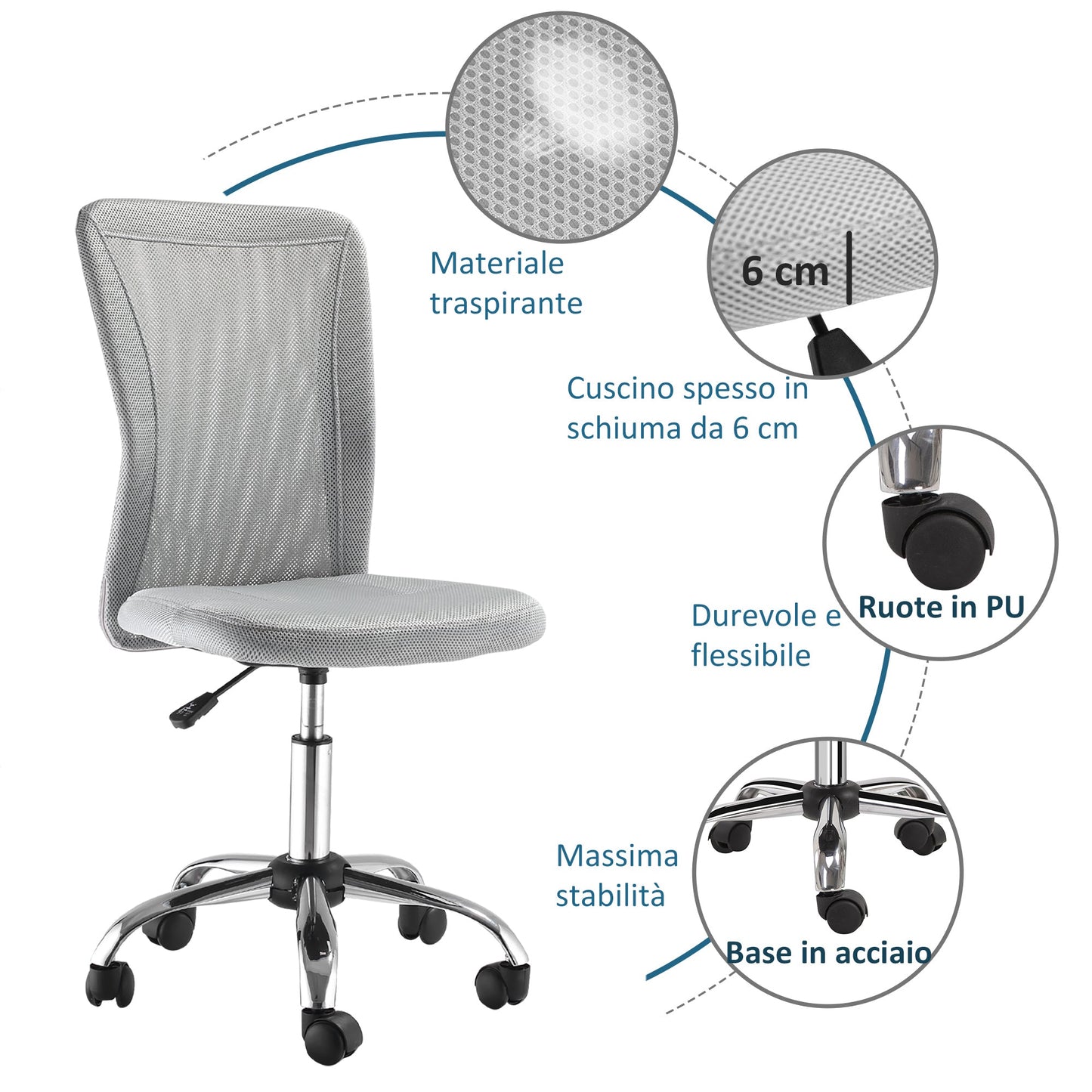Ergonomic Mesh Office Chair with Armrests, Adjustable Height and 5 Wheels, Grey