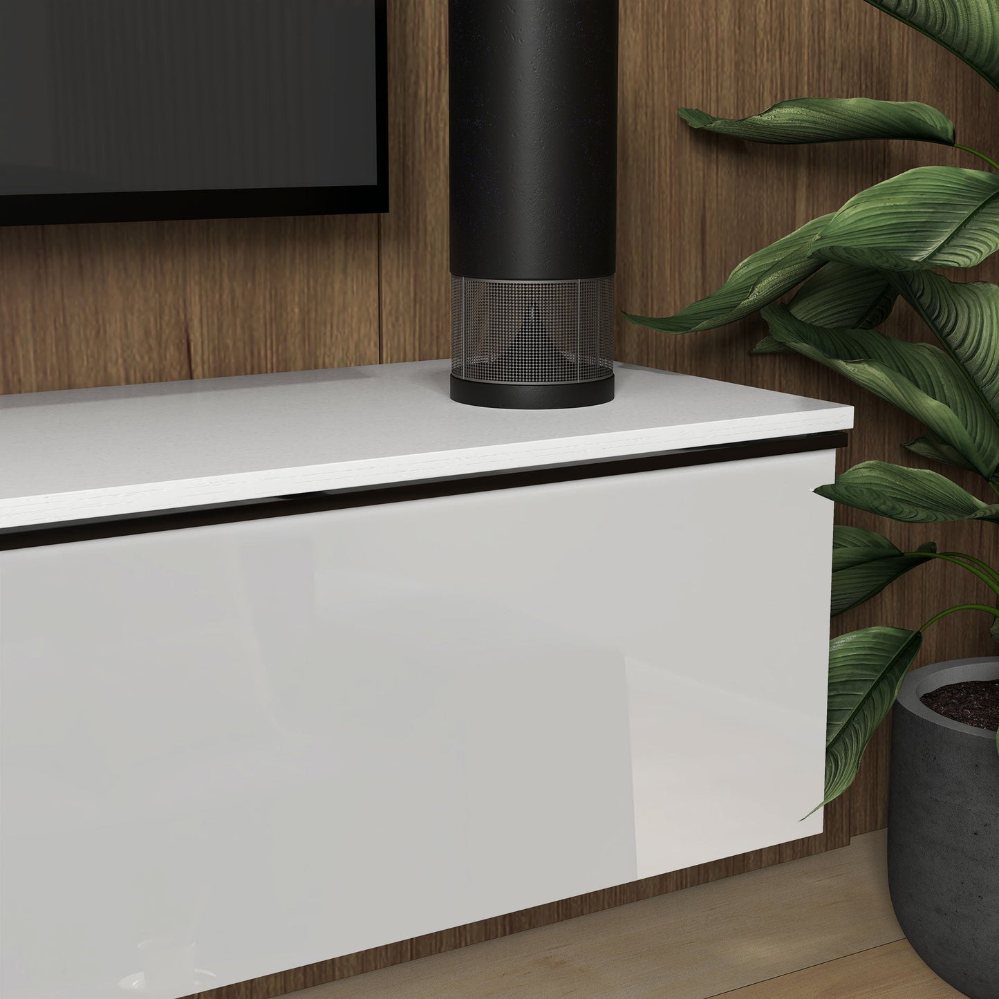 Wall-Mounted TV Cabinet with Wooden Drop-Door Cabinets, 160x35x30 cm, Gloss White