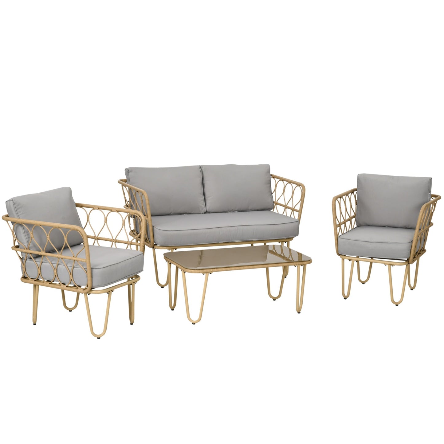 Boho Style Rattan Garden Lounge Set with 2 Seater Sofa, 2 Armchairs and Glass Coffee Table