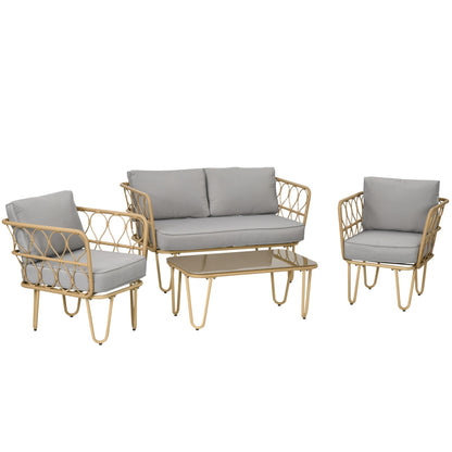 Boho Style Rattan Garden Lounge Set with 2 Seater Sofa, 2 Armchairs and Glass Coffee Table