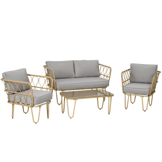 Boho Style Rattan Garden Lounge Set with 2 Seater Sofa, 2 Armchairs and Glass Coffee Table