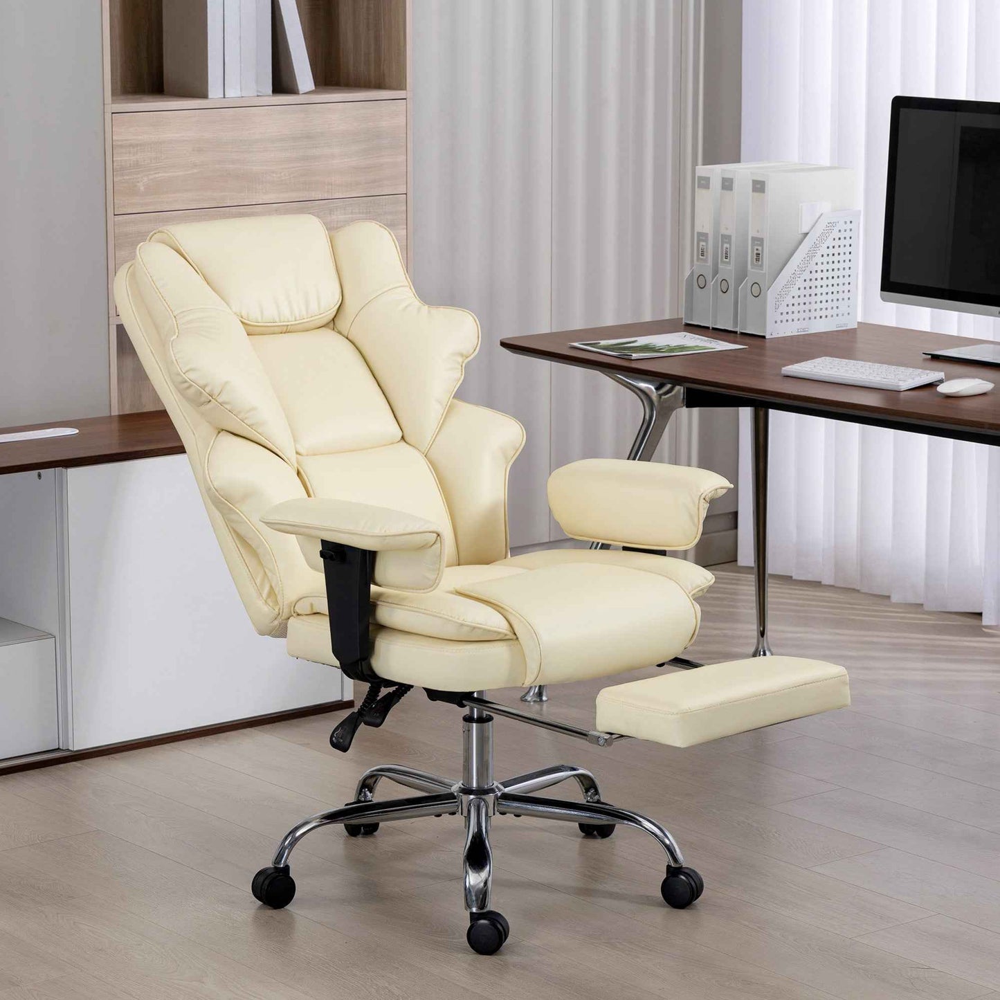 Office Chair with Footrest and Headrest, PU Leather, Foam and Metal, 76x73x117-125 cm, Cream White