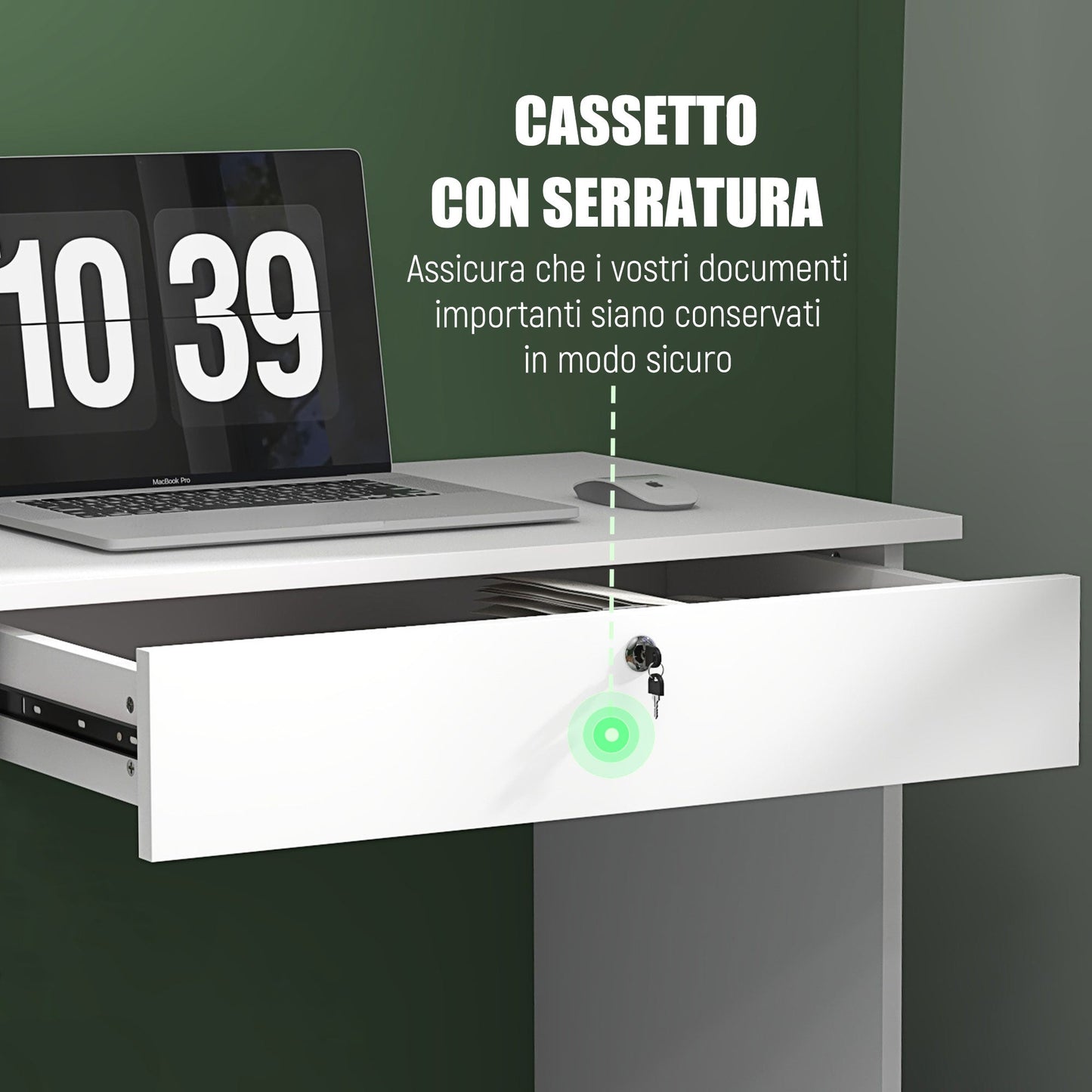 Modern Desk with 5 Drawers and Open Compartment with Lock and 2 Keys, 110x50x76cm, White