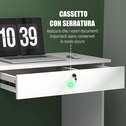 Modern Desk with 5 Drawers and Open Compartment with Lock and 2 Keys, 110x50x76cm, White