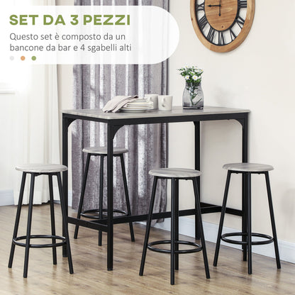 5 Piece Dining Set with Bar Counter 110x50x89.5 cm and Stools Ø30x60.5 cm in Wood and Metal Grey and Black