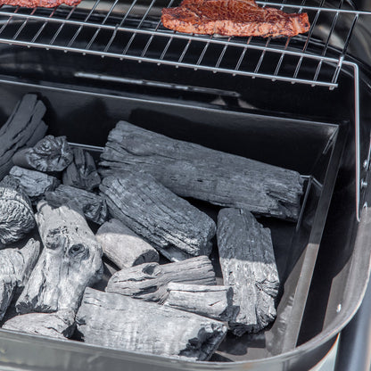 Charcoal Barbecue with Lid, Shelves and Wheels, Complete with Spatula, Tongs and Knife, Black
