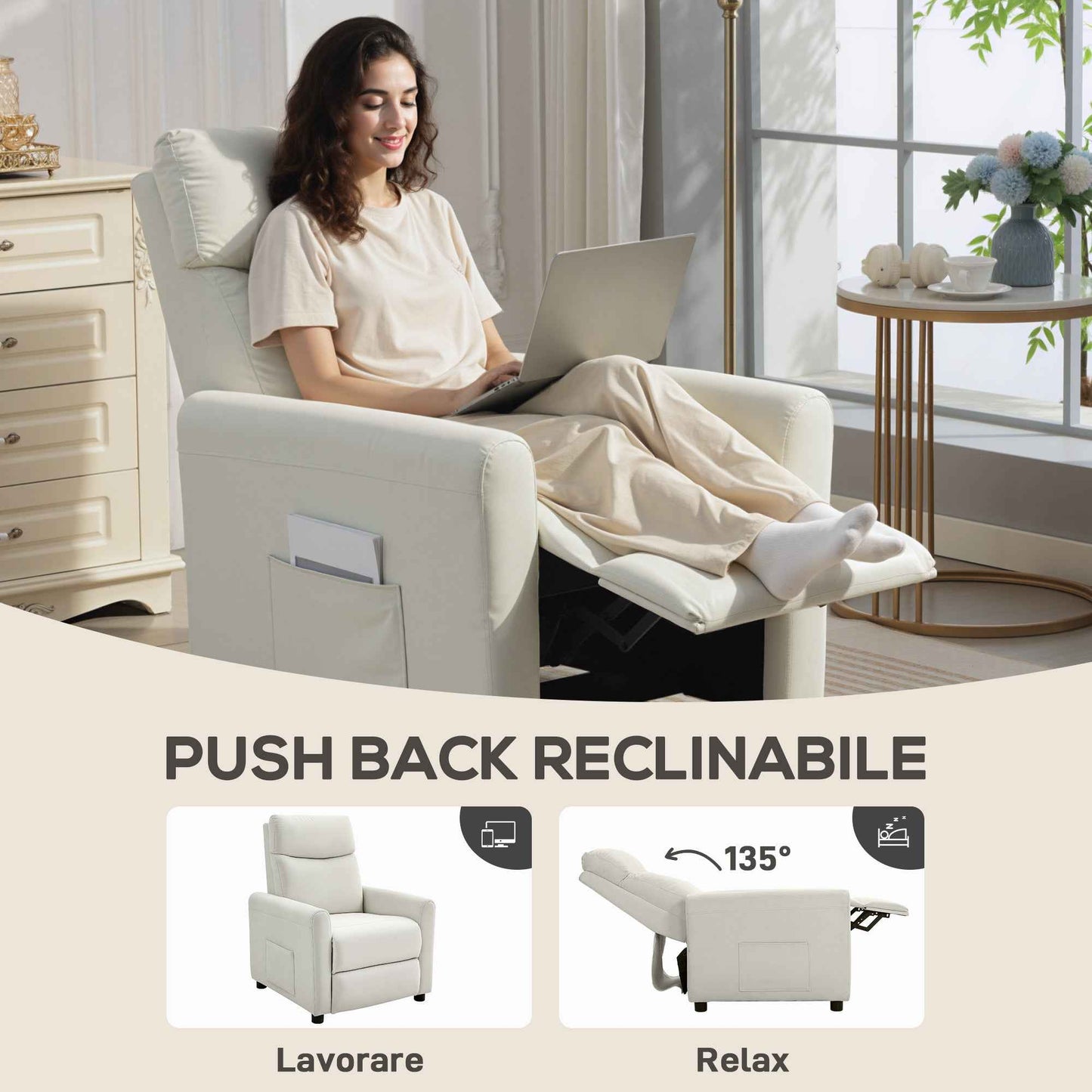 Reclining Chair 135° max in Linen Effect Fabric, Foam, Steel and Wood, 73x86x100 cm, Cream White