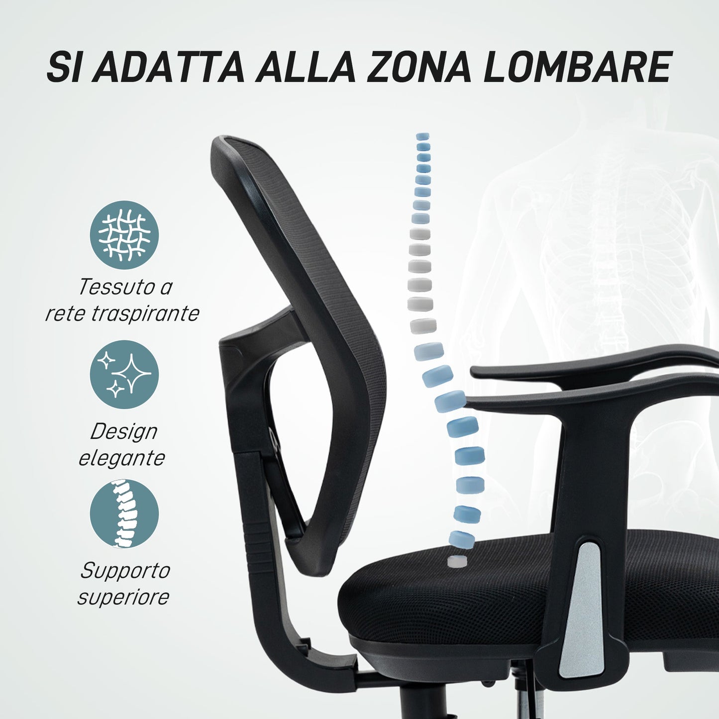 Swivel Chair with Footrest Ring and Curved Backrest, in Polyester, Foam and Plastic, 55x58x94 cm, Black