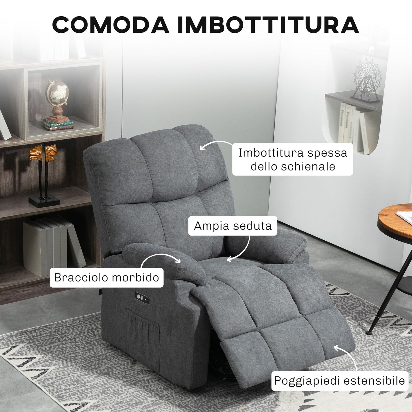 Lift Chair with Footrest, in Linen Effect Fabric, 84x96x100 cm, Dark Grey