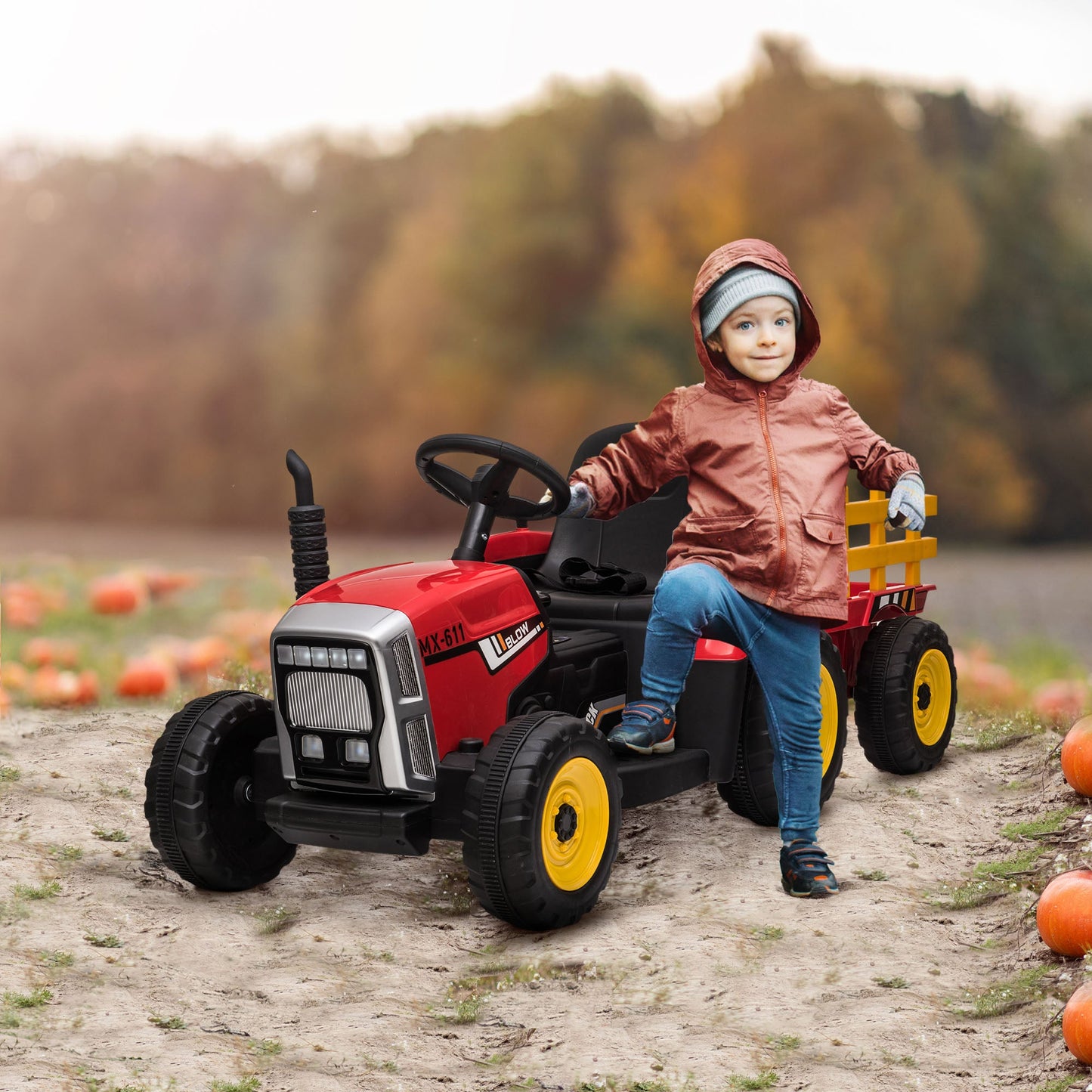 Electric Tractor for Children 3-6 Years with Removable Trailer, 12V Battery and Remote Control, Red