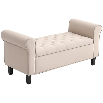 Velvet Fabric Bed End Bench with Storage Space and Armrests, 126x48.5x57 cm, Beige