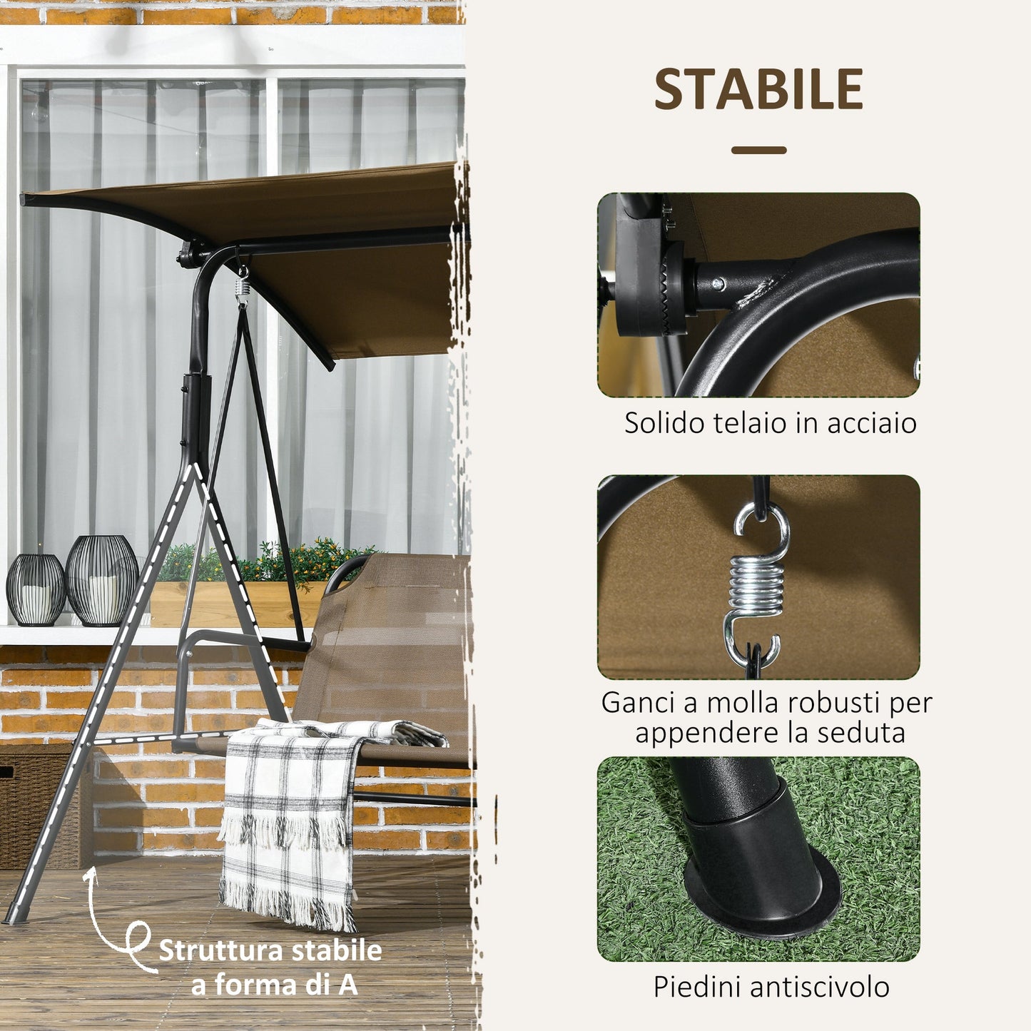 3 Seater Garden Swing with Adjustable Cover, Steel and Polyester, 172x110x153 cm, Brown and Grey